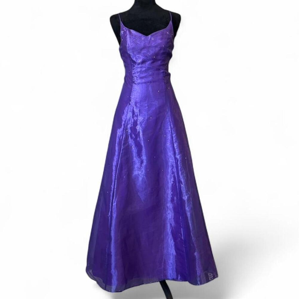 Vintage 90s Purple Formal Gown – rhinestone Satin Maxi Dress S